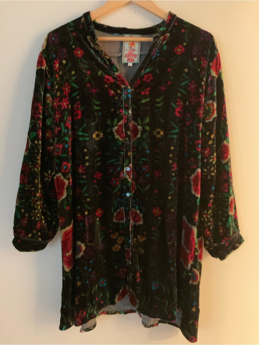 Johnny Was Floral Luxury Silk Velvet Tunic Top Button Up Dress Rich Boho Whimsy - Picture 9 of 9